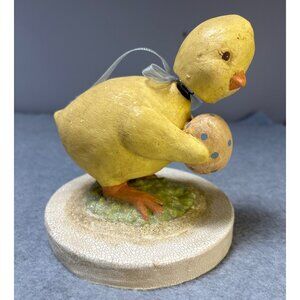 Vintage 6" Paper Mache Duckling Bobble Head Figurine Polka Dot Egg Crackled Base